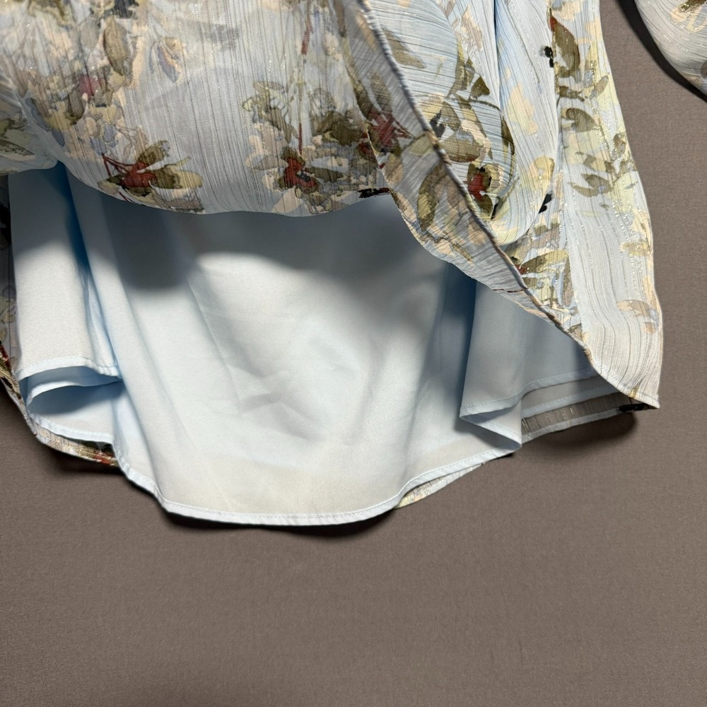 WHBM Cottagecore Off Shoulder Chiffon Floral Blouse M Light Blue Lurex Shimmer - Picture 7 of 11